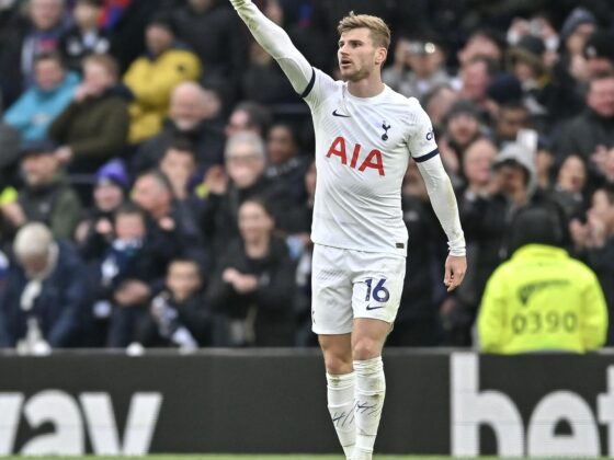 El alemán Timo Werner celebra un gol con el Tottenham Hotspur, frente al Crystal Palace. EFE/EPA/VINCE MIGNOTT EDITORIAL USE ONLY. No use with unauthorized audio, video, data, fixture lists, club/league logos, 'live' services or NFTs. Online in-match use limited to 120 images, no video emulation. No use in betting, games or single club/league/player publications.