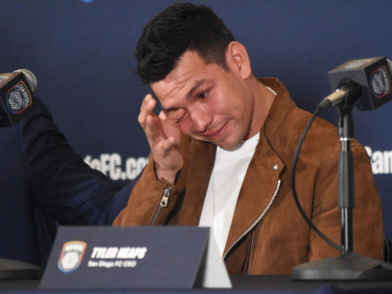 El mexicano Hirving 'Chucky' Lozano reacciona durante su presentación oficial como nuevo jugador del San Diego FC en San Diego, California (EEUU). EFE/Priscila Chávez Flores