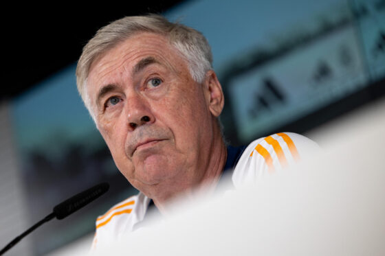 El entrenador del Real Madrid, Carlo Ancelotti, durante la rueda de prensa de esta mañana en la Ciudad Deportiva de Valdebebas. EFE/Daniel González