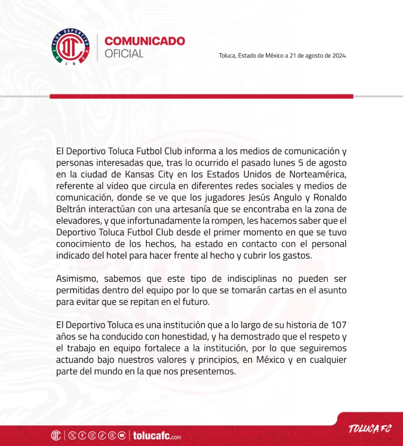 Toluca toma medidas tras el mal comportamiento de sus jugadores Toluca toma medidas tras el mal comportamiento de sus jugadores