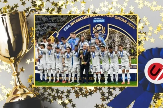 El Real Madrid celebra el título de la Copa Intercontinental en la final jugada en el estadio de Lusailm en Doha, Catar. EFE/EPA/NOUSHAD THEKKAYIL