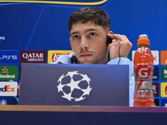 El uruguayo Federico Valverde durante la rueda de prensa previa al partido de la Liga de Campeones del Real Madrid contra el Atalanta. EFE/EPA/MICHELE MARAVIGLIA