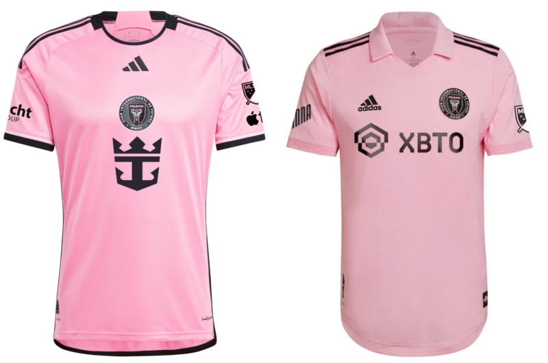 Se filtró la nueva camiseta que utilizará Messi en el Inter Miami Camisetas del Inter Miami en 2024 (izquierda) y 2022-23 (derecha). Kit archive.