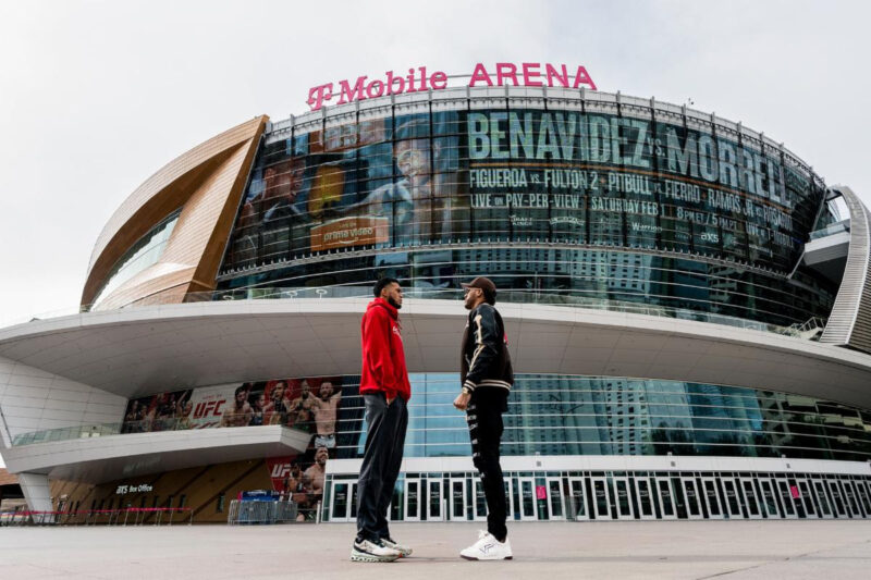David Benavidez y David Morrell Jr., en el T-Mobile Arena de Las Vegas, en la previa del combate del 1 de febrero de 2025. / Ryan Hafey/Premier Boxing Champions