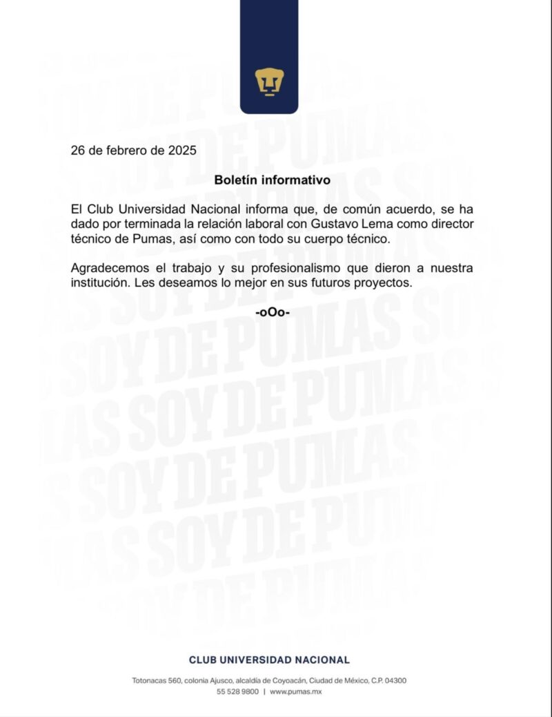 Gustavo Lema dejó de ser director técnico de Pumas Gustavo Lema
