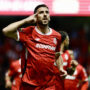 Joao Dias de Toluca celebra un gol en el estadio Nemesio Díez, en Toluca (México). EFE/Felipe Gutiérrez
