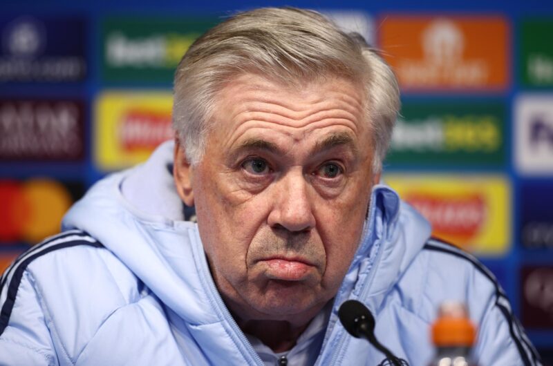 El entrenador del Real Madrid, Carlo Ancelotti, en la rueda de prensa de Mánchester, Reino Unido. EFE/EPA/ADAM VAUGHAN