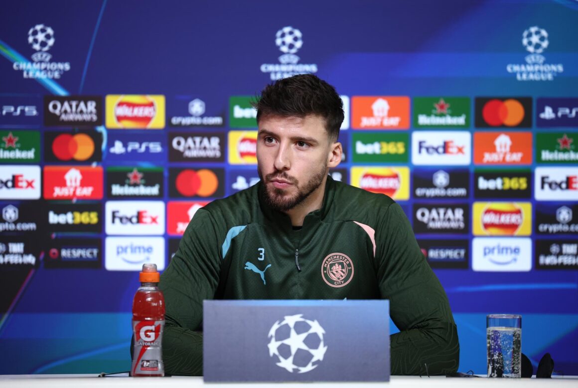El defensa portugués Ruben Dias, del Manchester City, durante la conferencia de prensa en Manchester, previa al enfrentamiento ante el Real Madrid, de la Liga de Campeones. EFE/EPA/ADAM VAUGHAN