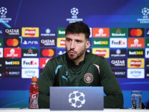 El defensa portugués Ruben Dias, del Manchester City, durante la conferencia de prensa en Manchester, previa al enfrentamiento ante el Real Madrid, de la Liga de Campeones. EFE/EPA/ADAM VAUGHAN