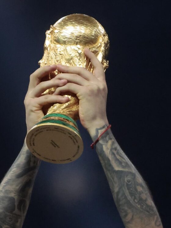 Fotografía del trofeo de la Copa del Mundo levantado por un jugador de Argentina en la final del Mundial de Fútbol Qatar 2022 entre Argentina y Francia en el estadio de Lusail (Catar). EFE/ Juan Ignacio Roncoroni Mundial