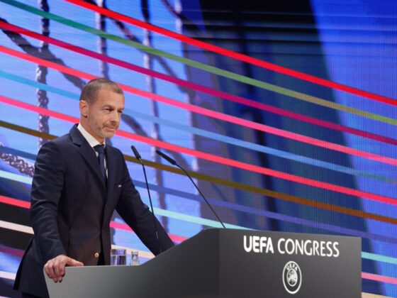 El presidente de la UEFA, Aleksander Ceferin, durante su dicursi este jueves. EFE/EPA/ANDREJ CUKIC