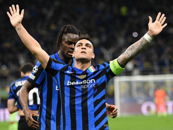 El delantero del Inter Milan Lautaro Martinez celebra el 1-0 durante el partido de vuelta de semifinales de la UEFA Champions League entre Inter Milan y FC Barcelona, en Milan, Italia. EFE/EPA/DANIEL DAL ZENNARO