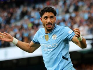 El delantero egipcio Omar Marmoush, del Manchester City, celebra el 1-0 durante el partido de la Premier League que han jugado Manchester City y AFC Bournemouth, en Manchester, Reino Unido. EFE/EPA/ASH ALLEN .