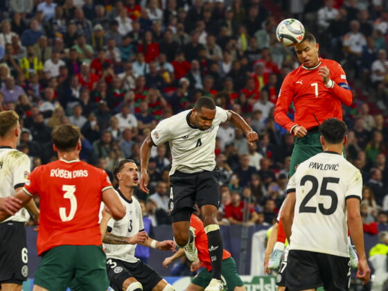Munich (Germany), 04/06/2025.- Cristiano Ronaldo of Portugal (R) in action against Jonathan Tah of Germany (C) during the UEFA Nations League semi-final soccer match between Germany and Portugal, in Munich, Germany, 04 June 2025. (Alemania) EFE/EPA/ANNA SZILAGYI