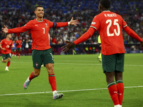 Munich (Germany), 04/06/2025.- Cristiano Ronaldo of Portugal (L) celebrates scoring the 1-2 goal with teammate Nuno Mendes who assisted him during the UEFA Nations League semi-final soccer match between Germany and Portugal, in Munich, Germany, 04 June 2025. (Alemania) EFE/EPA/ANNA SZILAGYI