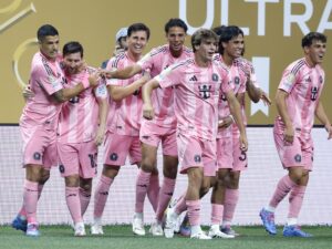 Los jugadores del Inter Miami celebran un gol durante un partido del Mundial de Clubes. EFE/EPA/ERIK S. LESSER