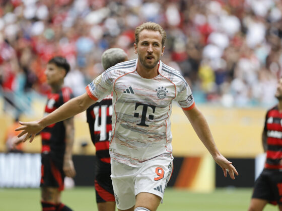 Harry Kane, del Bayern Munich, celebra un gol este domingo, en un partido del Mundial de Clubes entre Flamengo y Bayern Munich en el estadio Hard Rock de Miami (Estados Unidos). EFE/ Juan Ignacio Roncoroni