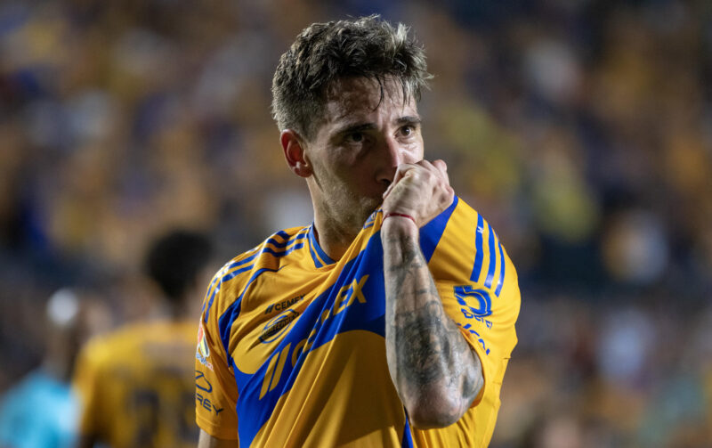 Fotografía de archivo del centrocampista uruguayo de los Tigres UANL, Fernando Gorriarán, celebrando una anotación en el estadio Universitario en Monterrey (México). EFE/ Miguel Sierra