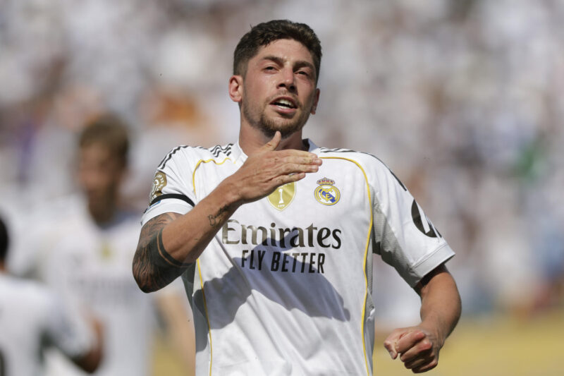 Federico Valverde celebra el tercer gol del Real Madrid ante el Pachuca en el Mundial de Clubes. EFE/André Coelho