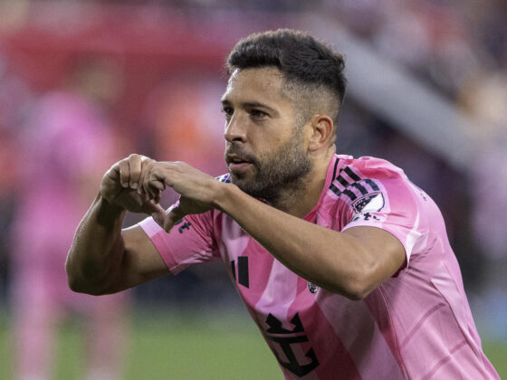 Jordi Alba de Inter Miami celebra en un partido de la Major League Soccer entre New York Red Bulls e Inter Miami CF en el estadio Red Bull Arena de New Jersey (EE.UU.). EFE/ Angel Colmenares