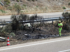 Vista del lugar del accidente en el que el futbolista del Liverpool Diogo Jota, de 28 años, y su hermano André, de 26, han fallecido esta madrugada, después de que su vehículo saliera de la vía en la Autovía Rías Bajas (A-52) en Cernadilla (Zamora, España).  EFE/Mariam A. Montesinos