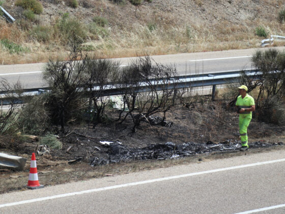 Vista del lugar del accidente en el que el futbolista del Liverpool Diogo Jota, de 28 años, y su hermano André, de 26, han fallecido esta madrugada, después de que su vehículo saliera de la vía en la Autovía Rías Bajas (A-52) en Cernadilla (Zamora, España).  EFE/Mariam A. Montesinos