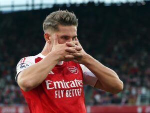 Viktor Gyokeres celebra uno de los goles del Arsenal al Leeds. EFE/EPA/ANDY RAIN.