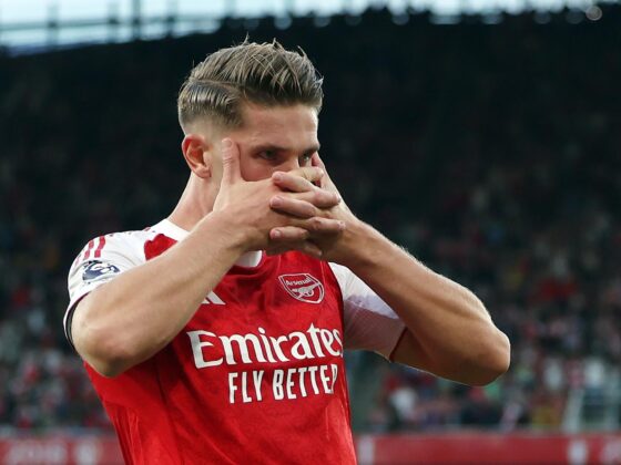 Viktor Gyokeres celebra uno de los goles del Arsenal al Leeds. EFE/EPA/ANDY RAIN.