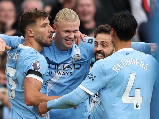 El jugador del Manchester City Erling Haaland (C) celebra el 3-0 durante el partido de la Premier League que han jugado Manchester City y Manchester United, en Manchester, Reino Unido. EFE/EPA/ADAM VAUGHAN Inter Miami Messi