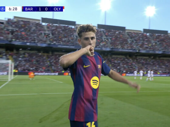 Fermín López celebrando su gol en el partido entre Barcelona y Olympiacos. Captura de pantalla.