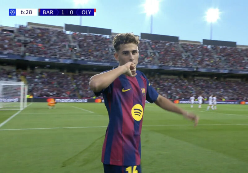Fermín López celebrando su gol en el partido entre Barcelona y Olympiacos. Captura de pantalla.