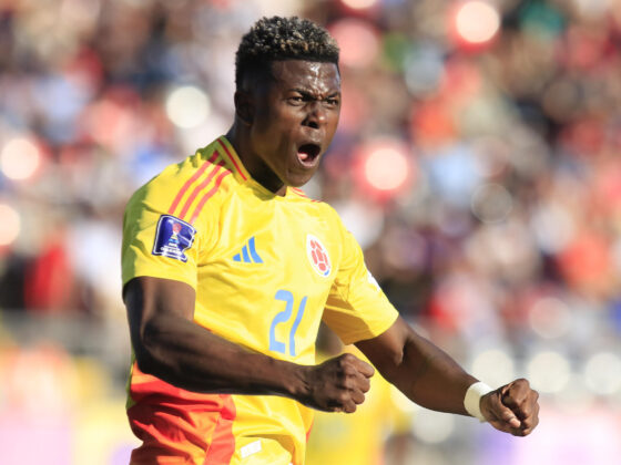 Néiser Villarreal de Colombia celebra uno de sus tres goles este sábado en el partido de cuartos de final de la Copa Mundial Sub-20 ante España en el estadio Fiscal de Talca (Chile). EFE/ Benjamín Hernández