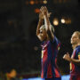 El delantero del Barcelona Lamine Yamal celebra el 3-1 conseguido ante Olimpiacos, durante el partido de la jornada 3 de la Liga de Campeones entre el Barcelona y el Olimpiacos, en el Estadi Olímpic Lluís Companys. EFE/Alberto Estevez