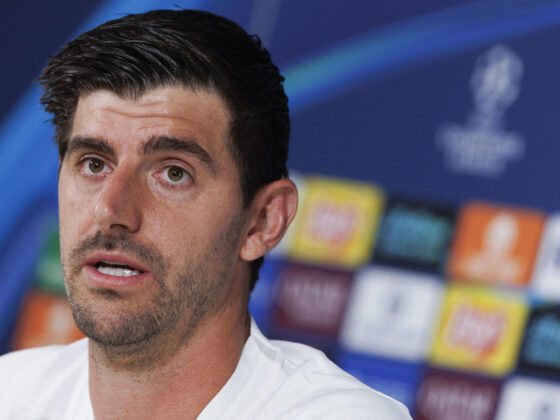 El portero del Real Madrid Thibaut Courtois en rueda de prensa tras el entrenamiento del equipo en la Ciudad Deportiva de Valdebebas previo su partido de Liga de Campeones contra la Juventus de Turín de mañana. EFE/Sergio Pérez