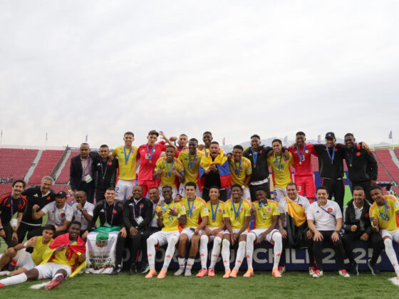 Jugadores de la selección sub-20 de Colombia celebran este sábado la conquista del tercer puesto del Mundial juvenil de Chile tras derrotar por 1-0 a la de Francia en el estadio Nacional Julio Martínez Prádanos, de Santiago. EFE/ Ailen Díaz