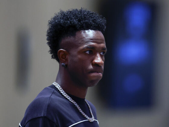 El delantero del Real Madrid Vinicius Jr. durante un acto celebrado este viernes en Madrid. EFE/Javier Lizón