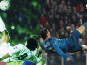 Hugo Sánchez y Cristiano Ronaldo realizando chilenas. Captura de pantalla.