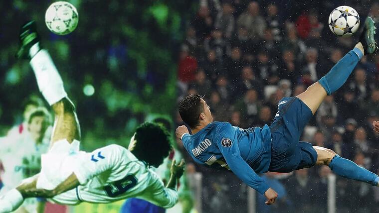 Hugo Sánchez y Cristiano Ronaldo realizando chilenas. Captura de pantalla.