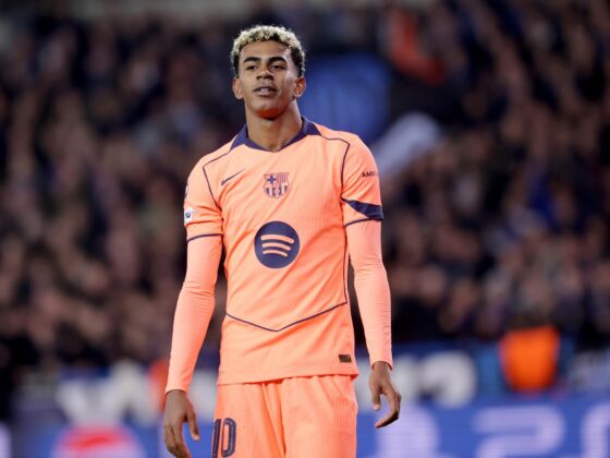 El jugador del FC Barcelona, Lamine Yamal, durante el partido de Liga de Campeones ante el Brujas el miércoles día 5 de noviembre. EFE/EPA/OLIVIER MATTHYS
