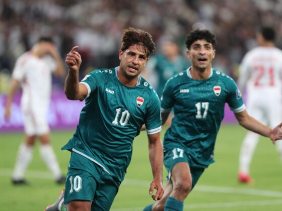 El jugador del Irak Mohanad Ali celebra el 1-1 durante el partido de la FIFA World Cup 26 AFC que da acceso a la repesca y que han jugado Irak y Emiratos Árabes Unidos en Basra, Irak. EFE/EPA/CEERWAN AZIZ