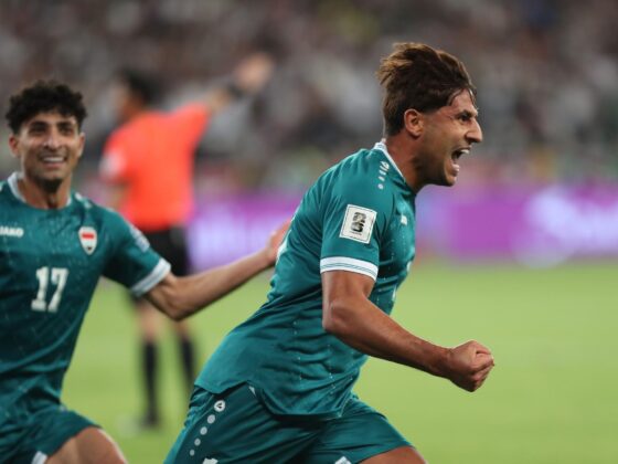 El jugador del Irak Mohanad Ali celebra el 1-1 durante el partido de la FIFA World Cup 26 AFC que da acceso a la repesca y que han jugado Irak y Emiratos Árabes Unidos en Basra, Irak. EFE/EPA/CEERWAN AZIZ