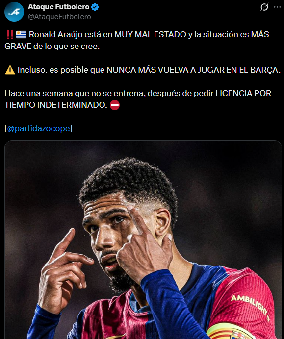 “Es más grave de lo que se cree”: alarma por Araujo en Barcelona “Es más grave de lo que se cree”: alarma por Araujo en Barcelona