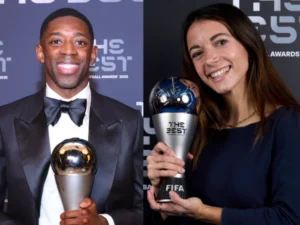 Ousmane Dembélé con el The Best, Foto en X de @PSG_ inside Aitana Bonmatí con el The Best, Foto en X de @AitanaBonmati