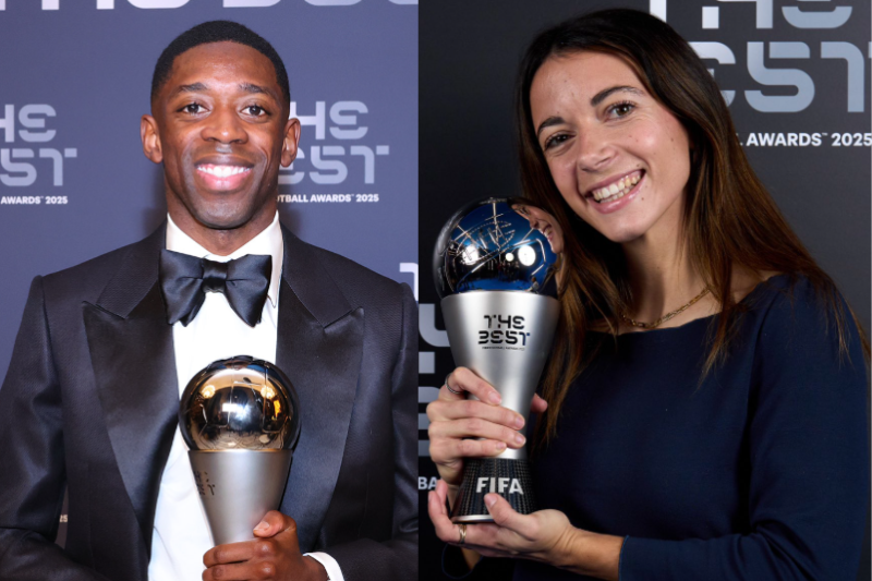 Ousmane Dembélé con el The Best, Foto en X de @PSG_ inside Aitana Bonmatí con el The Best, Foto en X de @AitanaBonmati