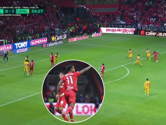 Golazo de Helinho con Toluca en la final ante Tigres en el Apertura 2025. Captura de pantalla.