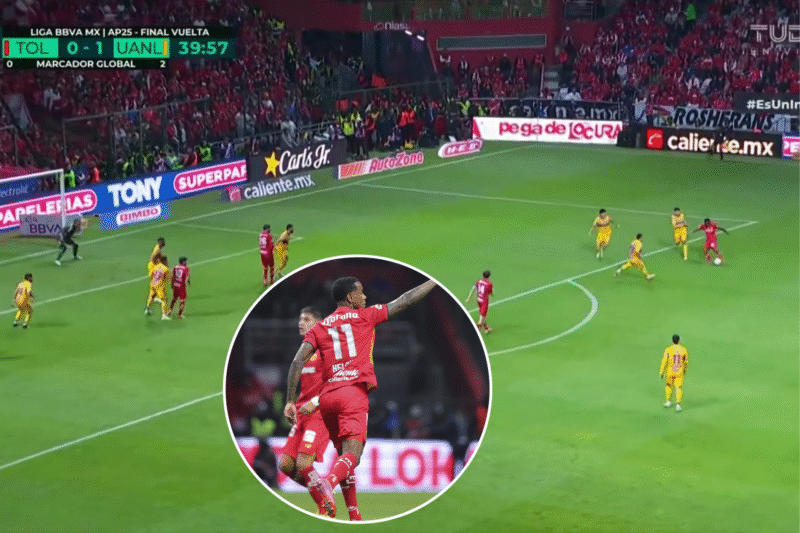 Golazo de Helinho con Toluca en la final ante Tigres en el Apertura 2025. Captura de pantalla.