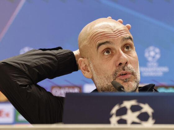 El entrenador del Manchester City, el español Pep Guardiola, durante la rueda de prensa ofrecida este martes en el estadio Santiago Bernabéu, en Madrid, en la víspera del partido de Liga de Campeones ante el Real Madrid. EFE/ Sergio Pérez