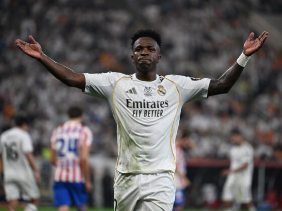Jeddah (Saudi Arabia), 08/01/2026.- Vinicius Junior of Real Madrid gestures during the Spanish Super Cup semi final between Atletico Madrid and Real Madrid in Jeddah, Saudi Arabia, 08 January 2026. (Arabia Saudita) EFE/EPA/STR