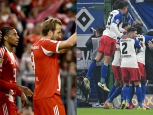 El jugador inglés Harry Kane, del Bayern Múnich, (3-I) celebra el 5-0 durante el partido de la Bundesliga que han jugado FC Bayern Munich y Hamburger SV en Múnich, Alemania. EFE/EPA/RONALD WITTEK El jugador del Hamburgo Ransford Koenigsdoerffer celebra el 1-1 durante el partido de la Bundesliga que han jugado SV Hamburg y Borussia Dortmund en Hamburgo, Alemania. EFE/EPA/FABIAN BIMMER