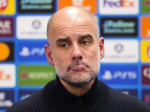 El entrenador del Manchester City Pep Guardiola durante una rueda de prensa de Liga de Campeones este martes 20. EFE/EPA/Fredrik Varfjell